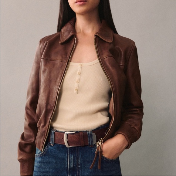 Mango 100% Leather Distressed Bomber Jacket - Picture 2 of 9